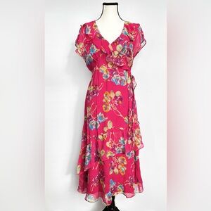 Sundance Pink Floral Silk Babydoll Boho Retro Sheer Midi Ruffle Dress Size 4